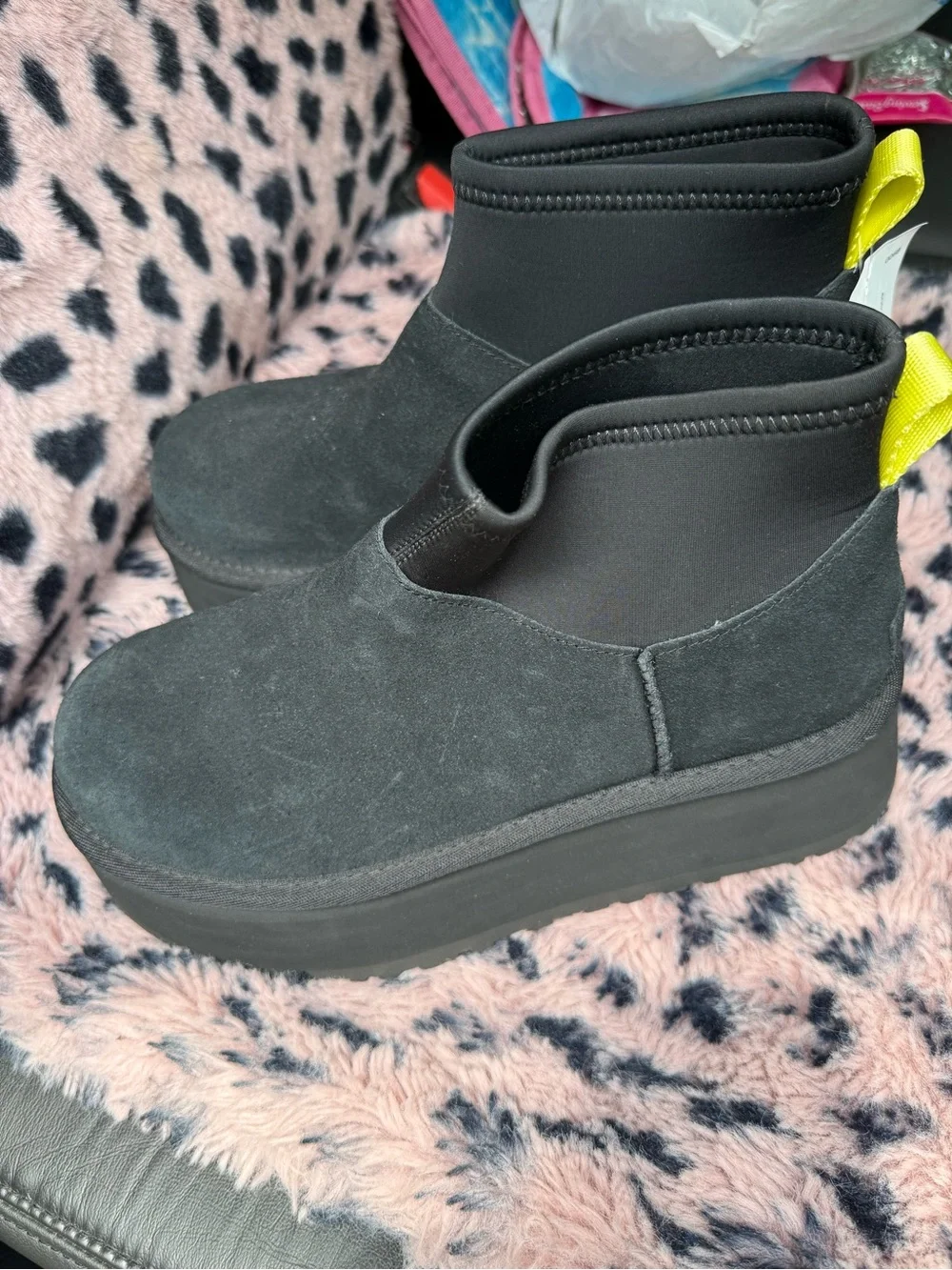 UGG Black Platform Ankle Boot with Yellow Pull Tab